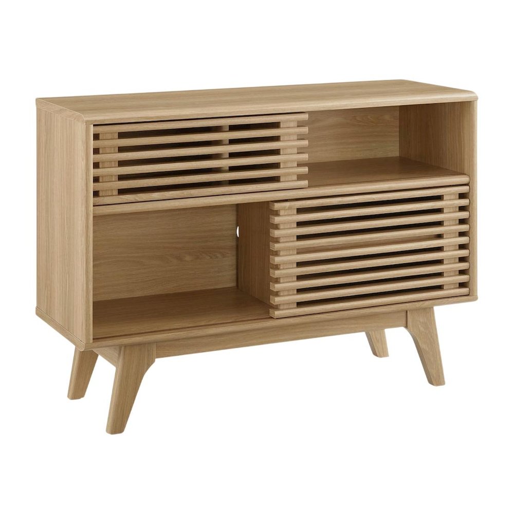 Brown wood TV stand with sleek design and sturdy construction. Picture 1