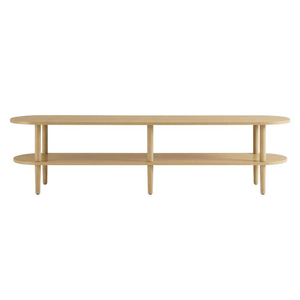Brown wood TV stand with solid mango construction and oval design. Picture 4