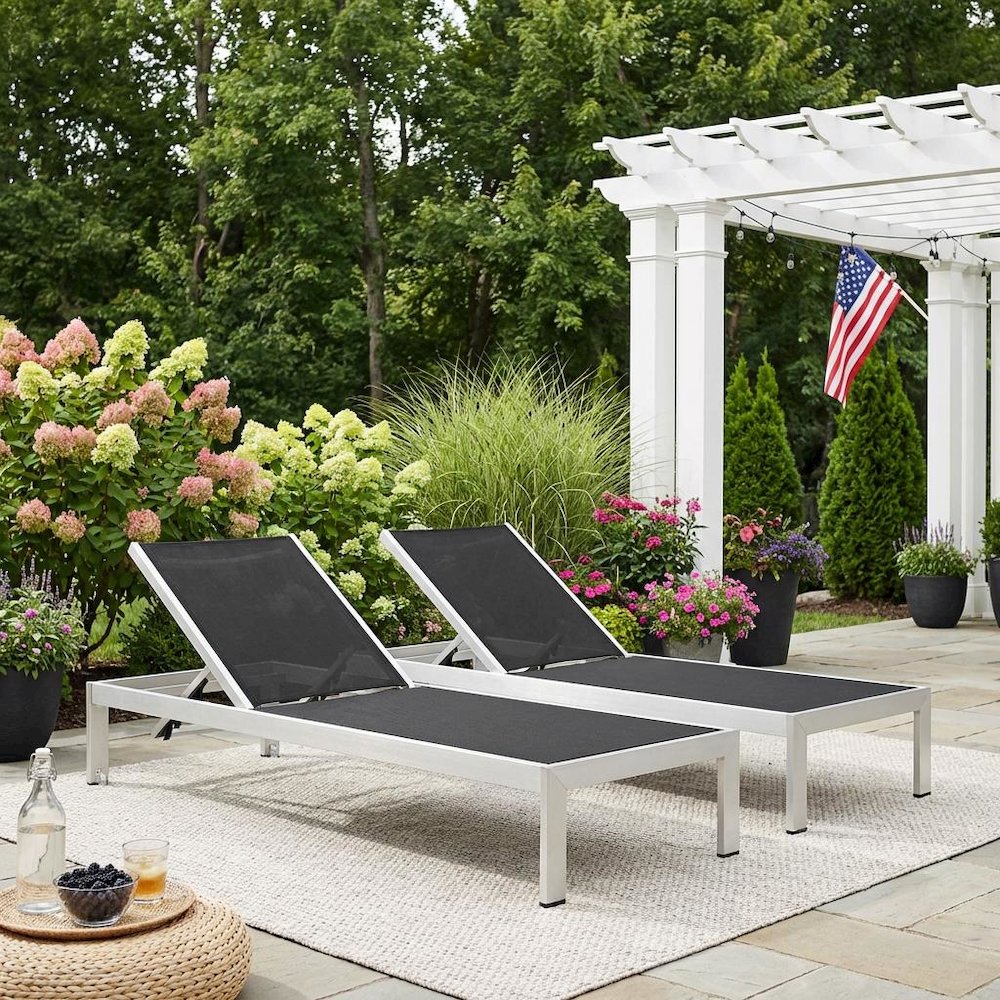 Outdoor Patio Aluminum Chaise Lounge Set Of 2 With Cushioned Seat Comfort. Picture 3