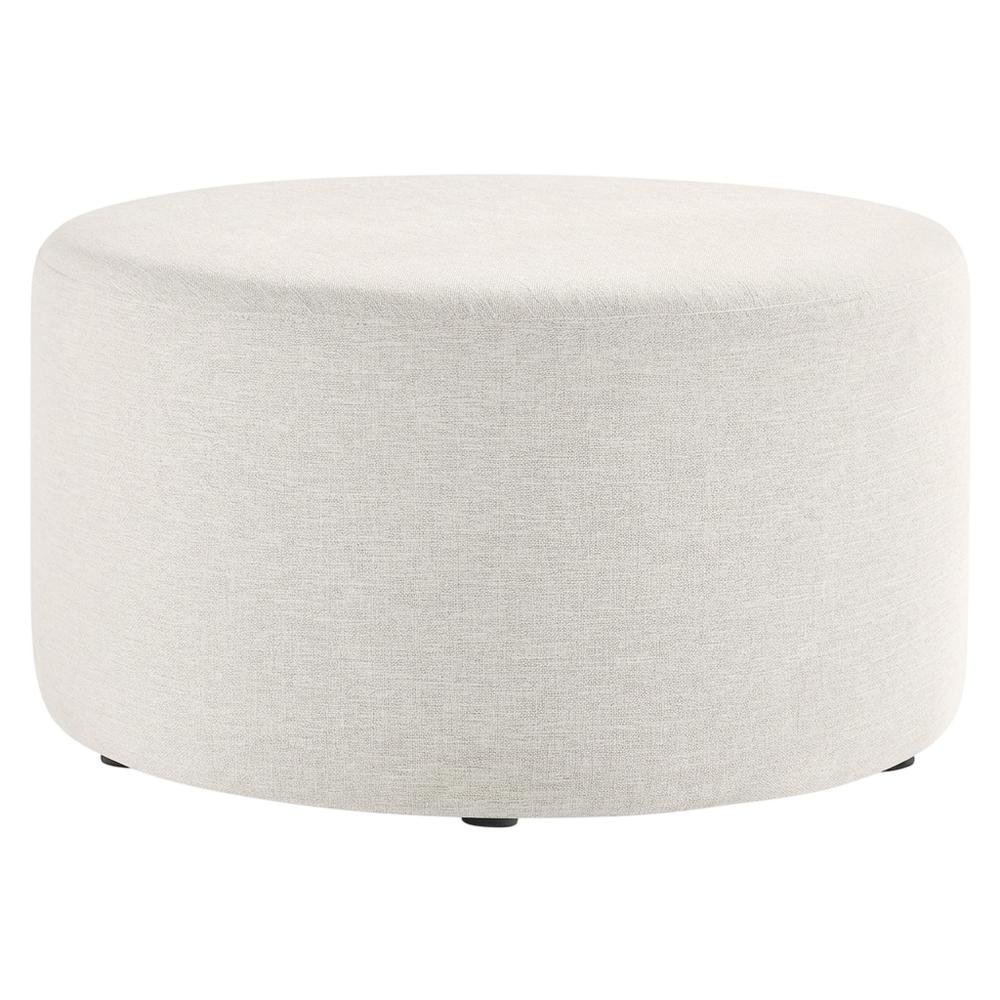 Round Heathered Fabric Upholstered Ottoman for Outdoor Spaces. Picture 1