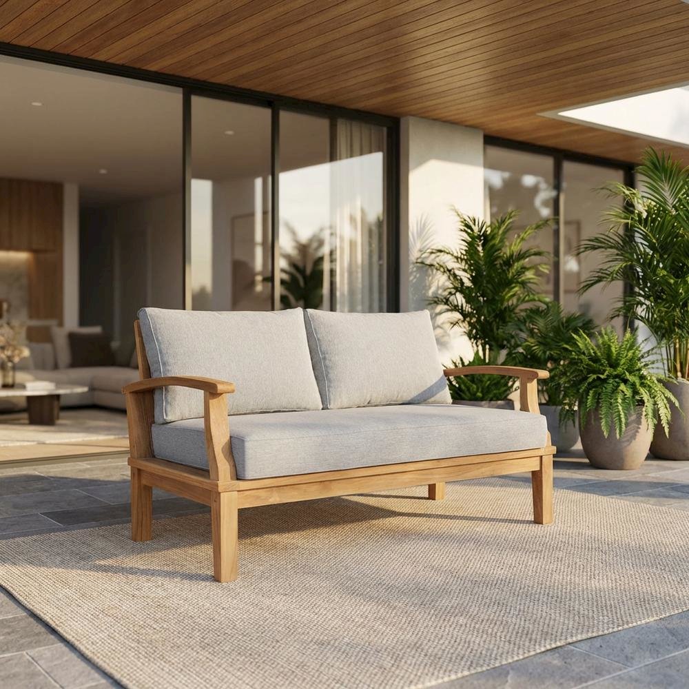 Teak Outdoor Left-Facing Sofa With Cushions And Armrests. Picture 2