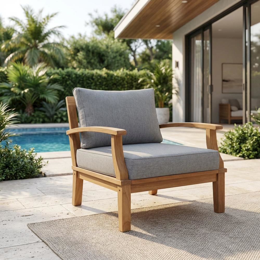 Outdoor Patio Teak Right-Facing Sofa With Cushioned Seat And Armrests. Picture 3