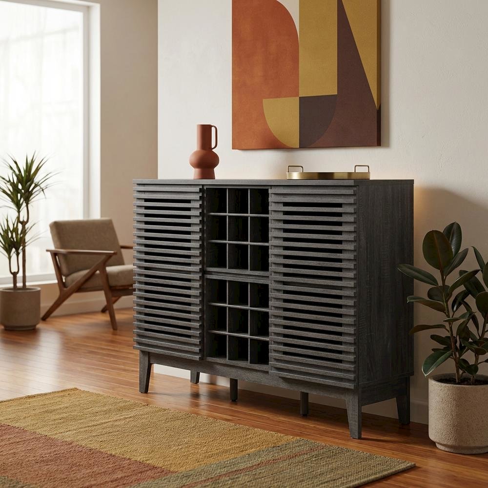 Charcoal Bar Cabinet, Bicast Leather, 46 Inch Wide, Modern Style. Picture 3