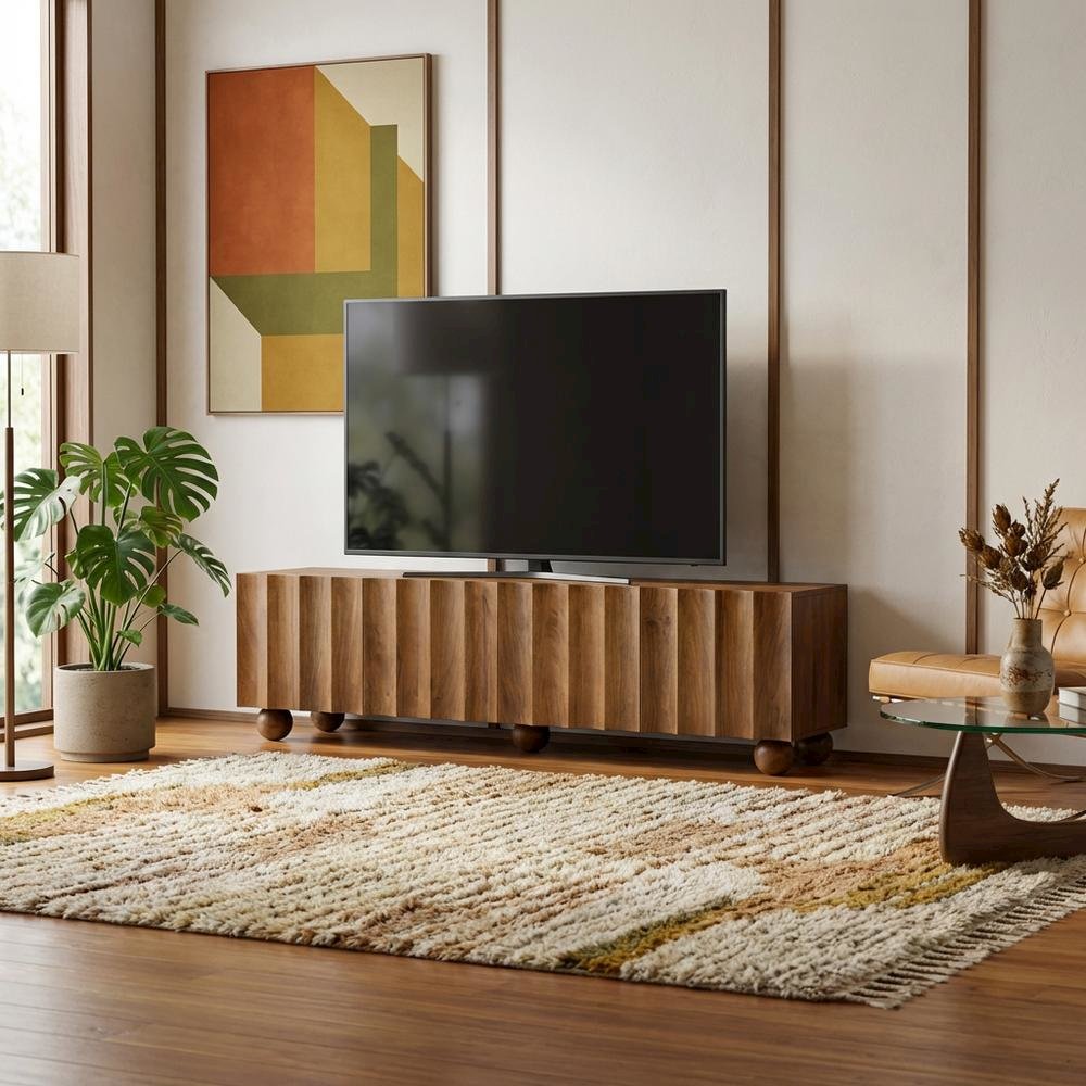 Scalloped Wood TV Stand in Neutral Finish with Spacious Storage. Picture 2