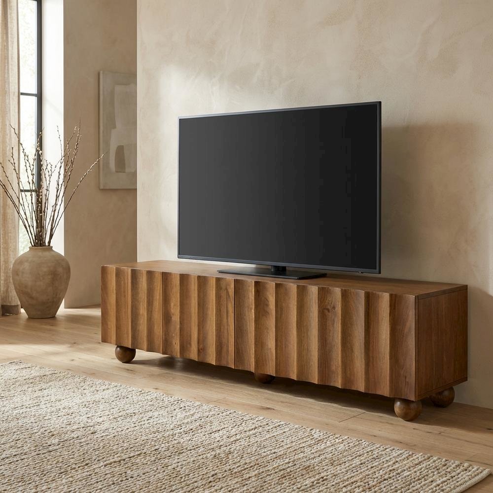 Scalloped Wood TV Stand in Neutral Finish with Spacious Storage. Picture 3