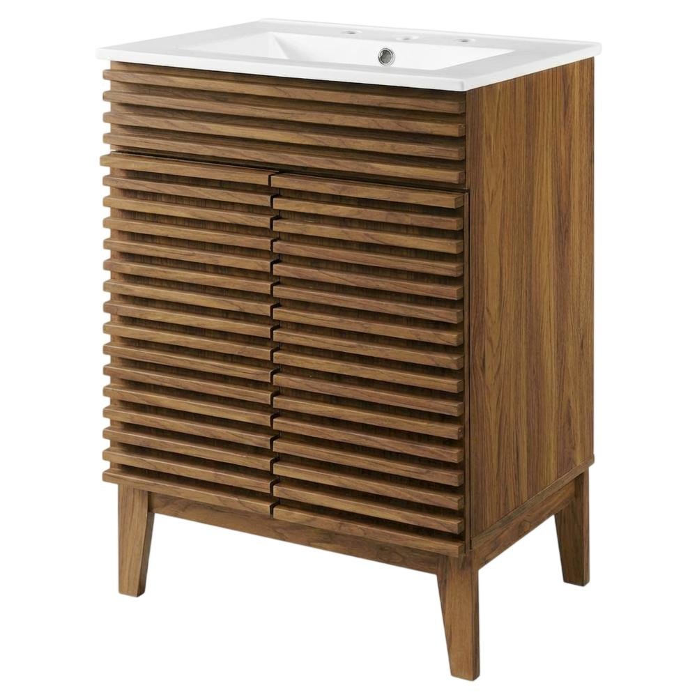 Walnut White 24-Inch Floor-Mount Bathroom Vanity with Ceramic Sink. Picture 1