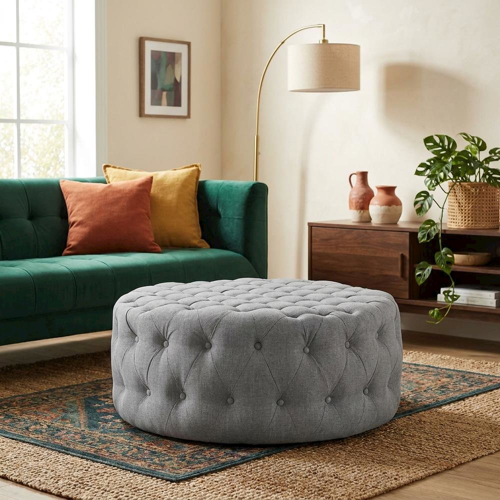 Light Gray Fabric Ottoman, Neutral Soft Upholstered Seat for Room. Picture 3