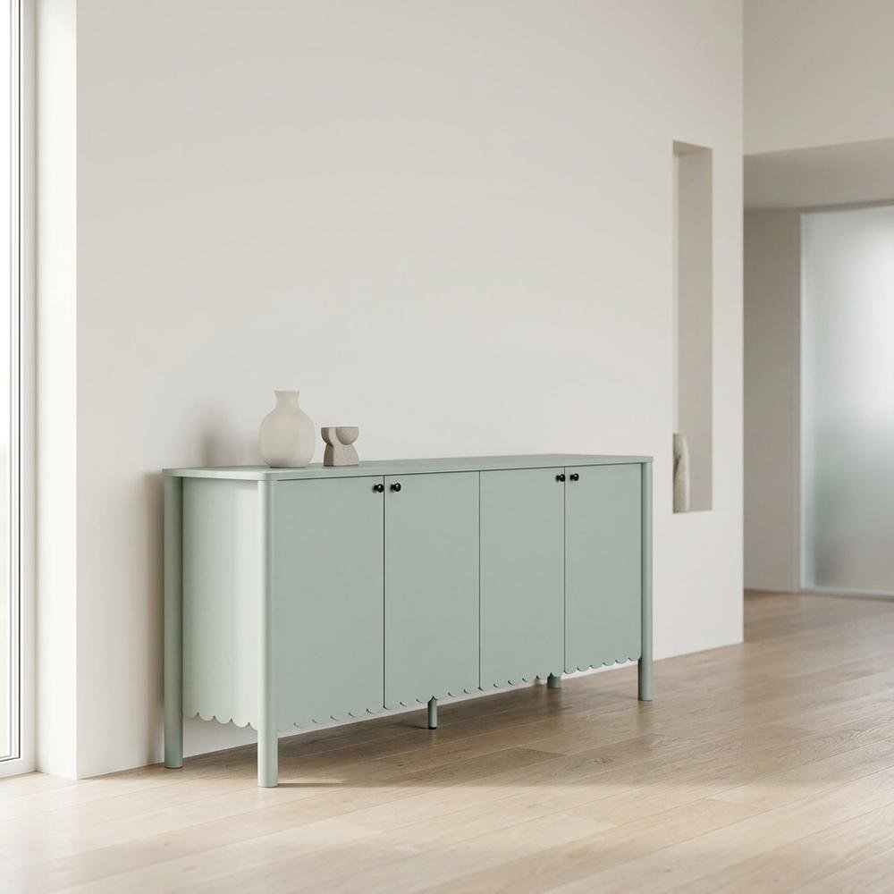 Wooden Scalloped 4-Door Sideboard Buffet Cabinet with Storage, Sage. Picture 3