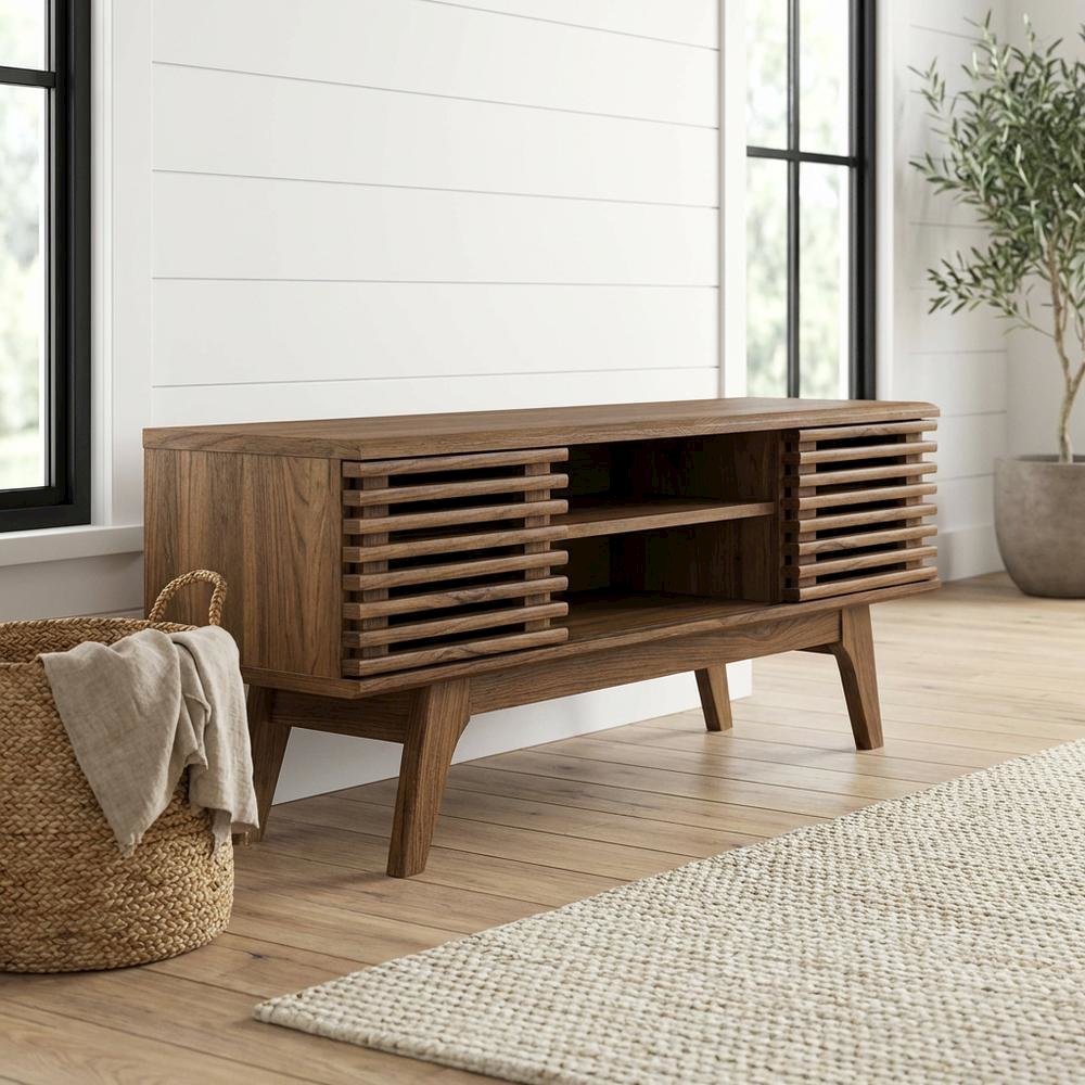 Wooden brown media console, 46-inch top, sturdy legs, modern living spaces. Picture 2