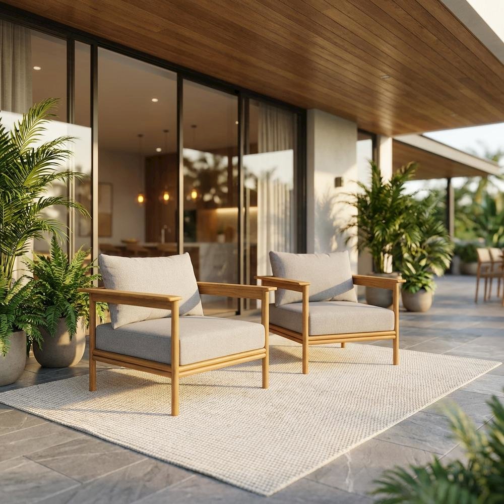 Outdoor Patio Teak Wood Armchair Set Of 2 With Durable Finish And Natural Look. Picture 2