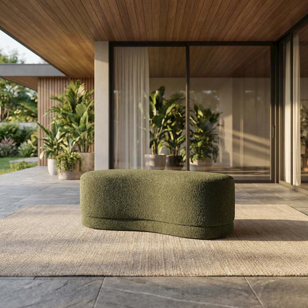 Outdoor Upholstered Ottoman Bench In Neutral Fabric For Patio Use. Picture 2