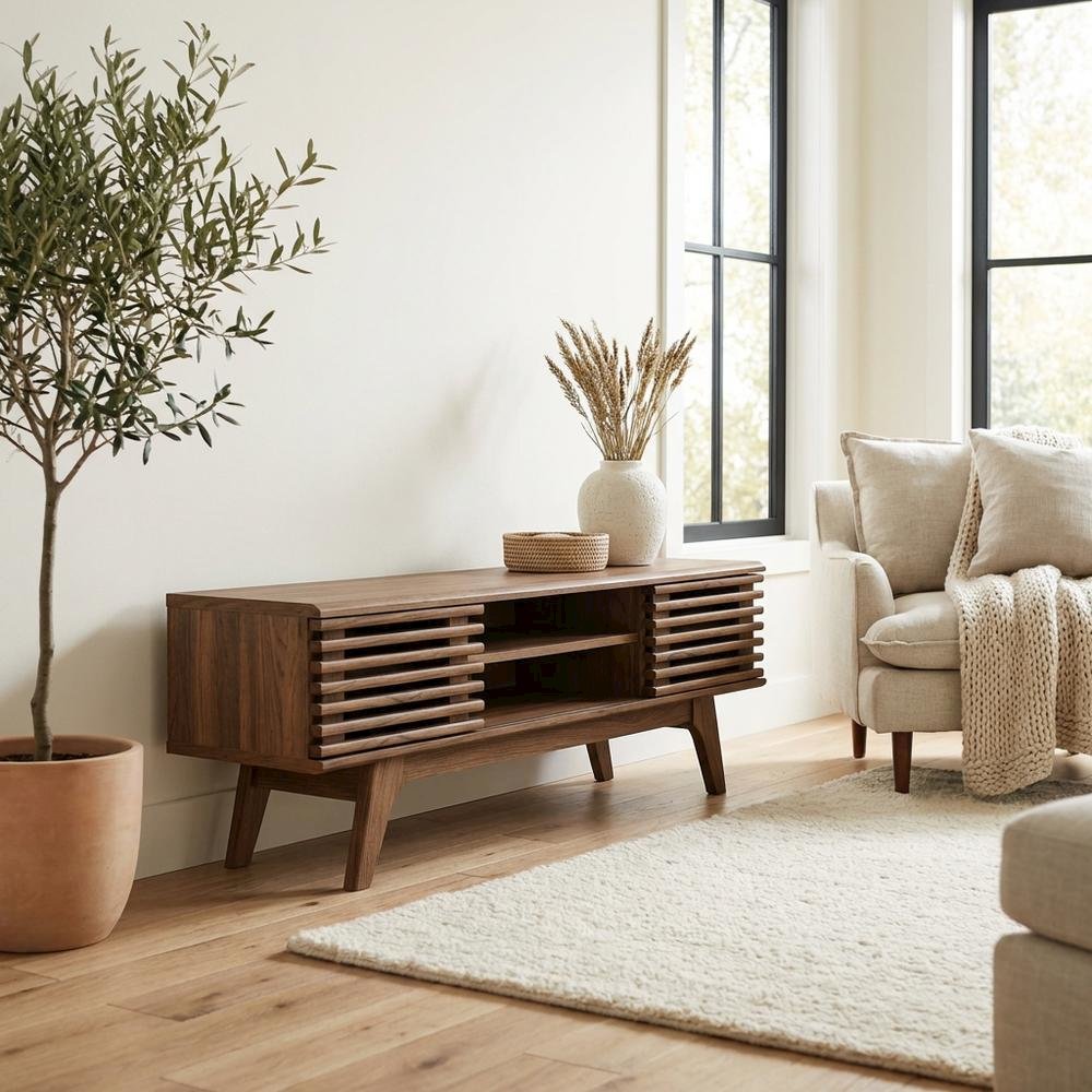 Wooden brown media console, 46-inch top, sturdy legs, modern living spaces. Picture 3