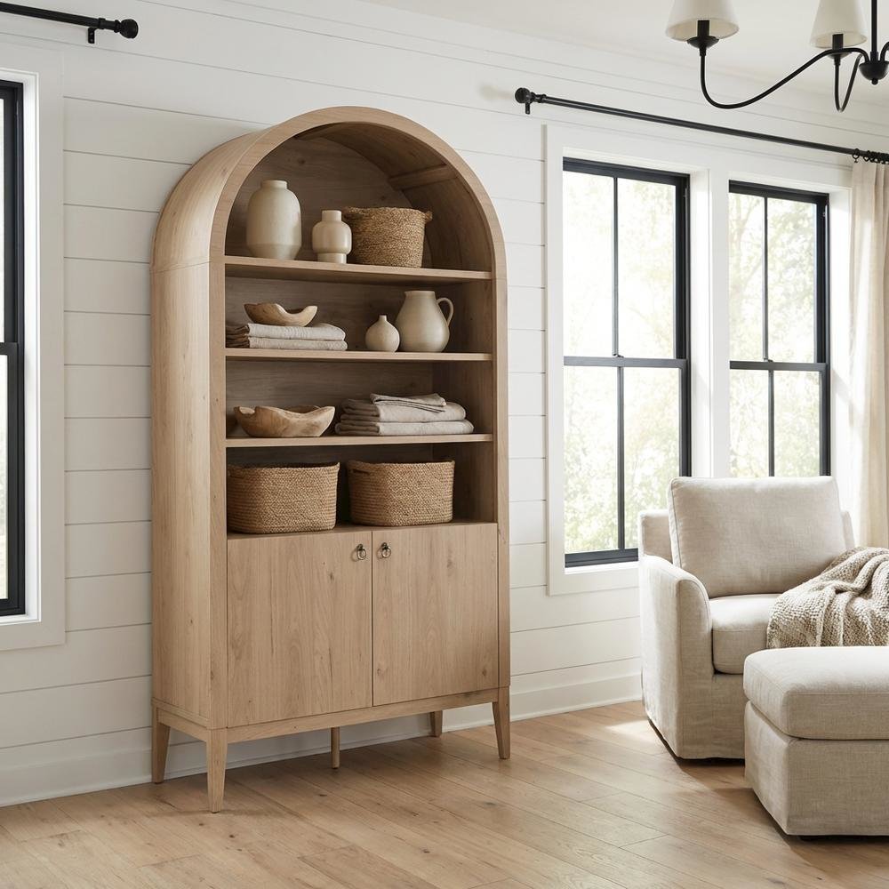 Brown display cabinet, arched design, engineered wood construction, versatile. Picture 2