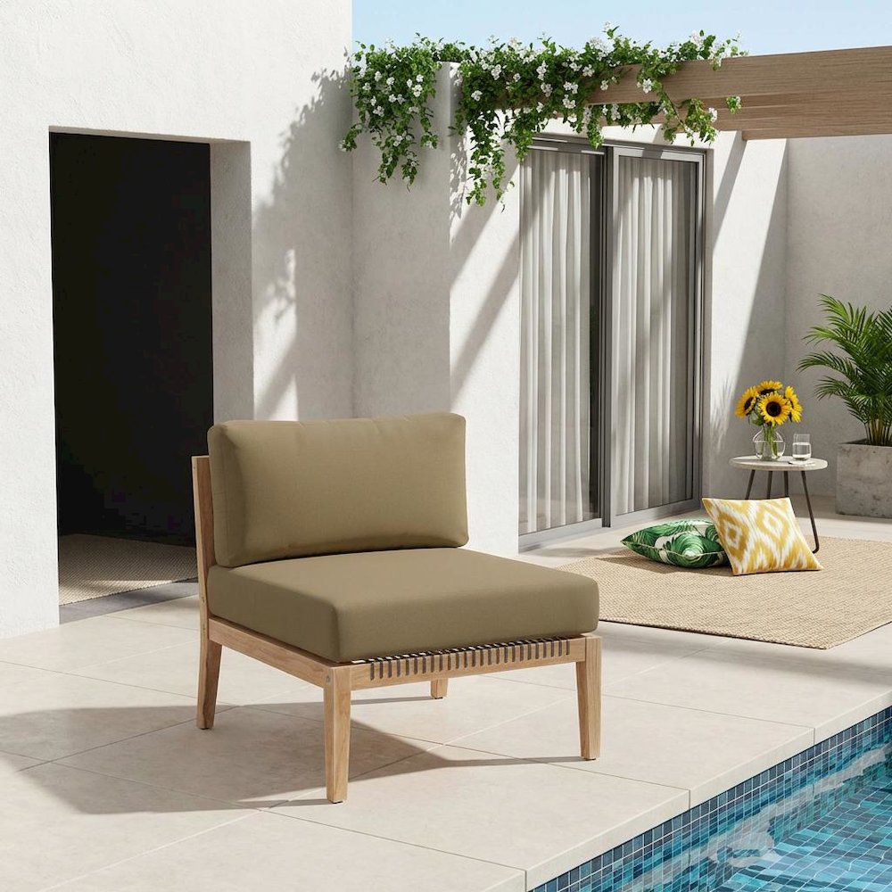 Teak Wood Outdoor Lounge Chair With Armless Design And Cushioned Seat. Picture 2