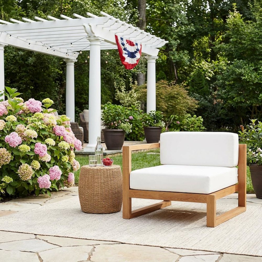Outdoor Patio Teak Wood Left-Arm Lounge Chair With Cushioned Seat, Durable Frame. Picture 3