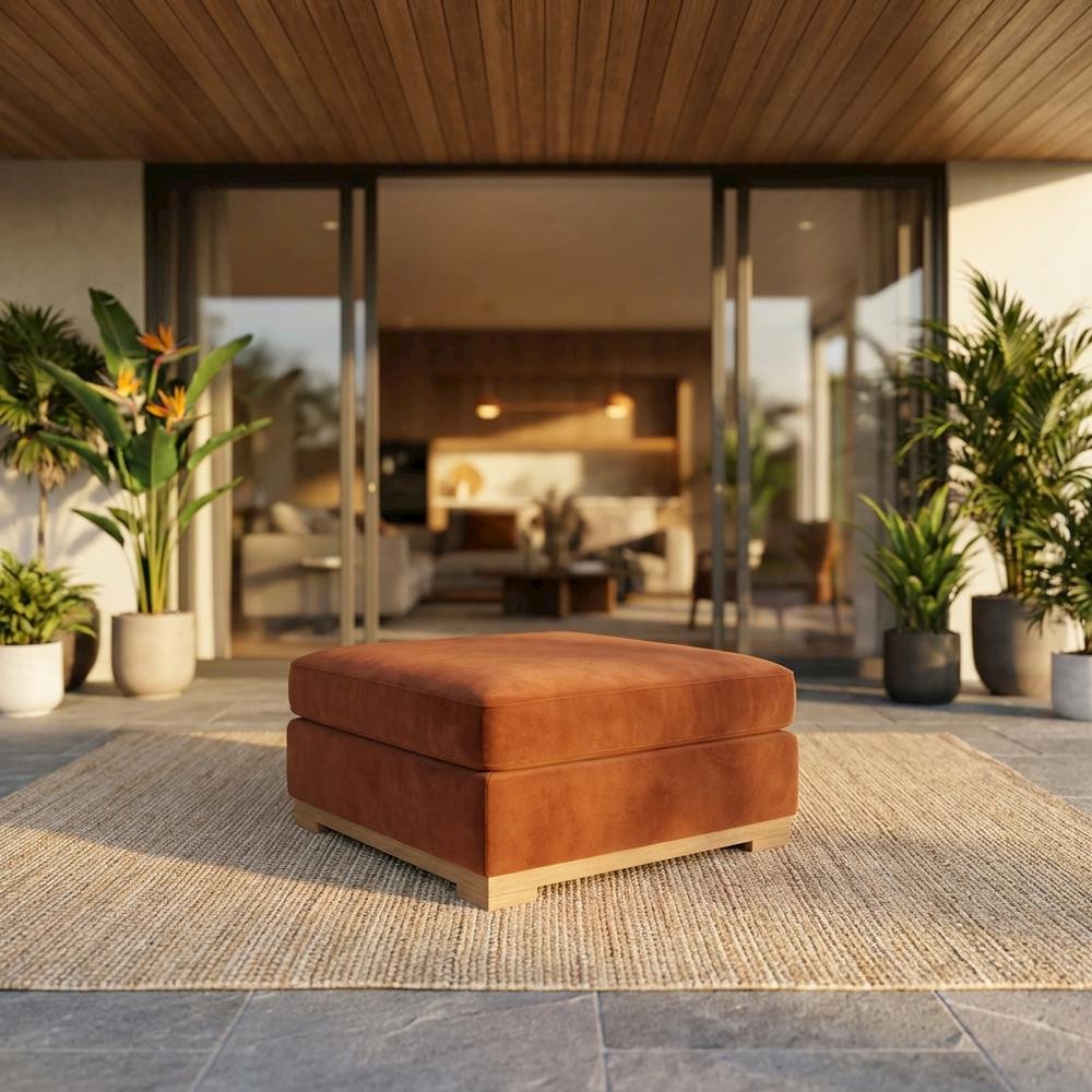 Square Performance Velvet Ottoman In Neutral Color, Outdoor Spaces, 28-Inch Size. Picture 2