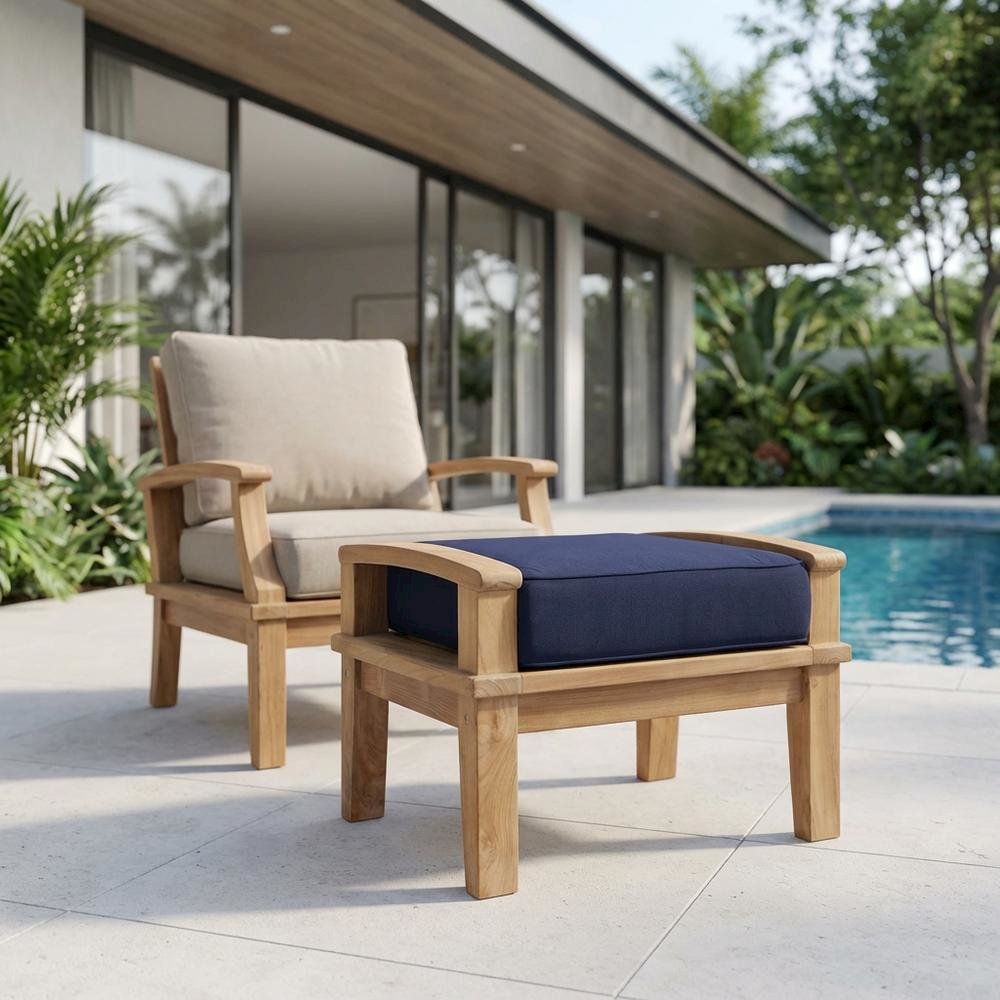 Durable Outdoor Teak Ottoman With Cushioned Top And Classic Design. Picture 3