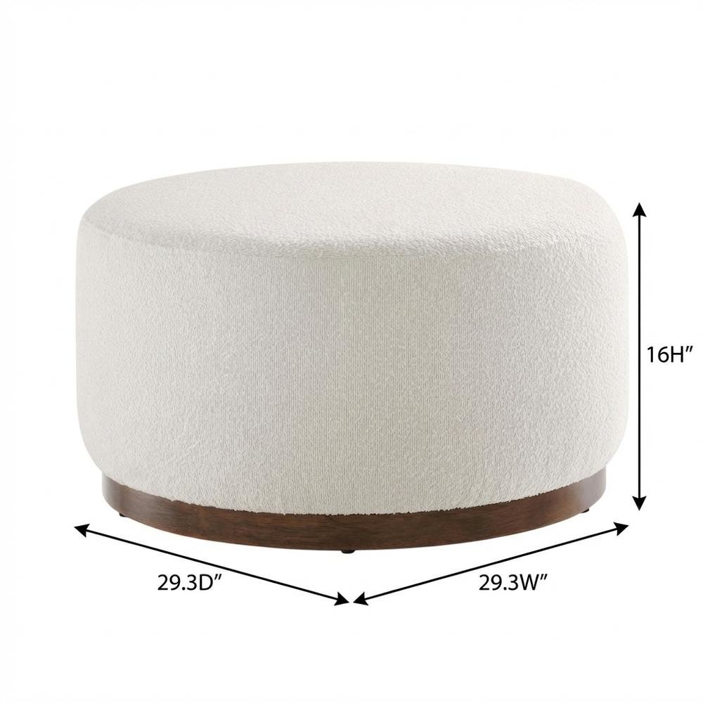 Dark beige boucle upholstered outdoor ottoman, versatile design, compact size. Picture 7