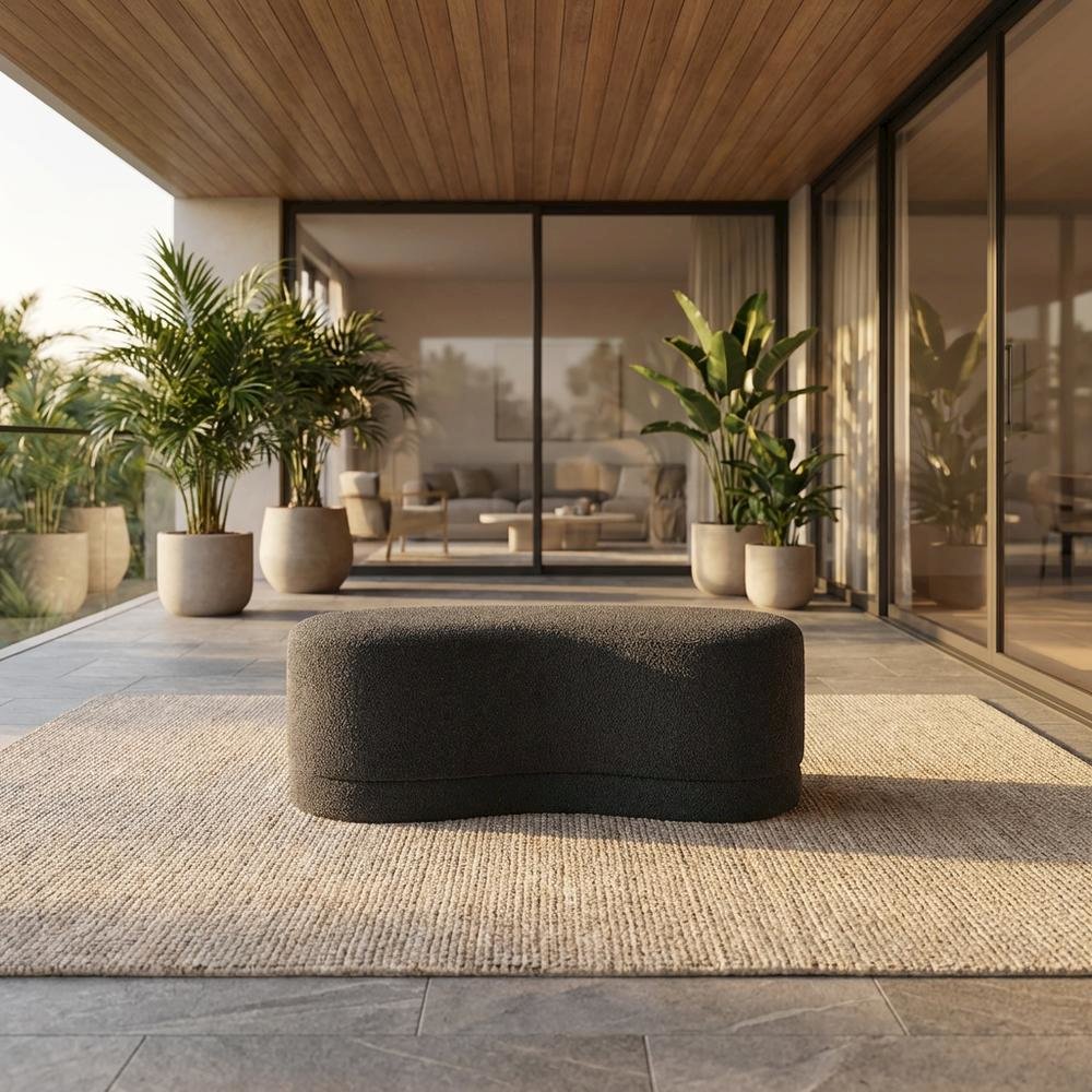 Upholstered Outdoor Ottoman Bench With Cushioned Top In Neutral Fabric. Picture 2