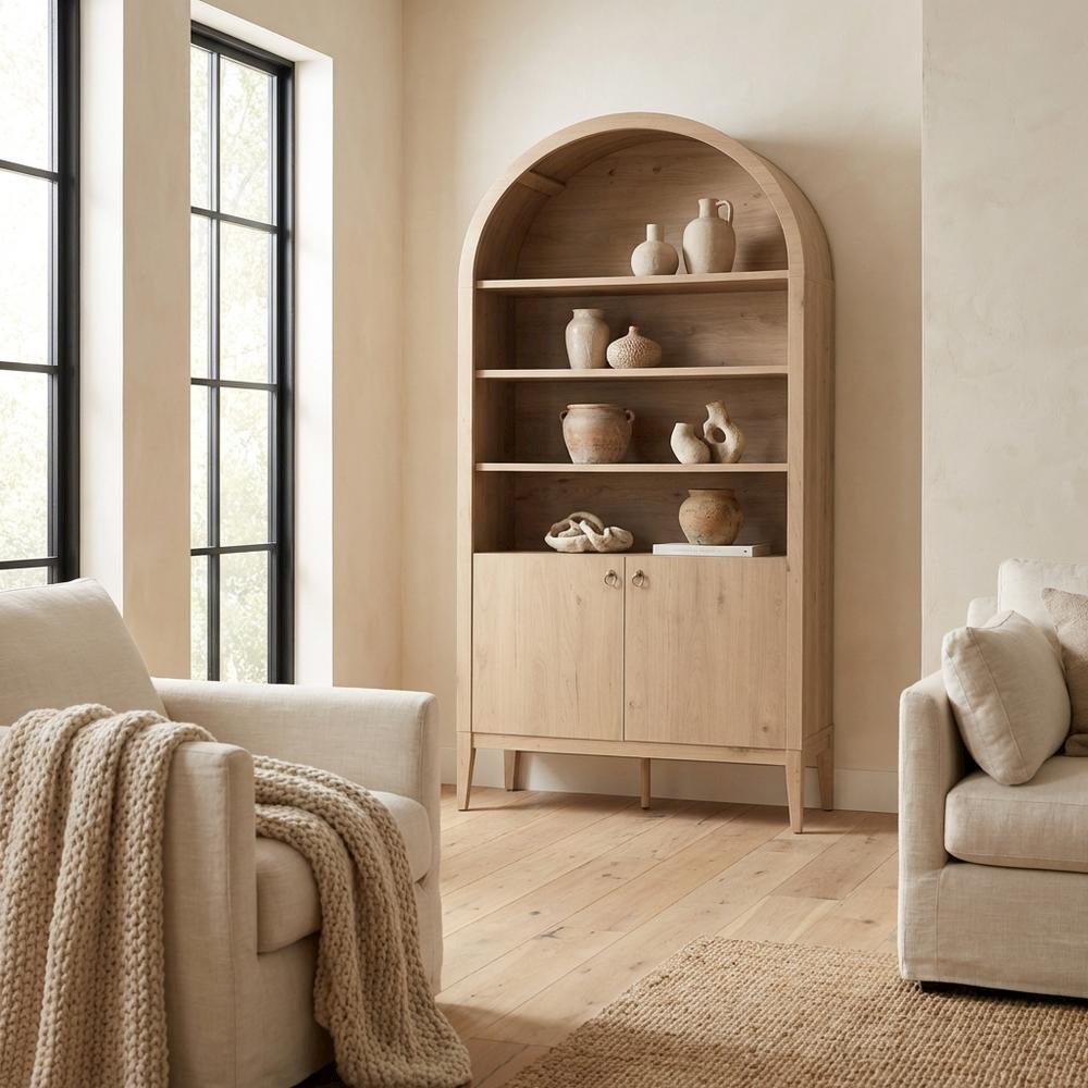 Brown display cabinet, arched design, engineered wood construction, versatile. Picture 3