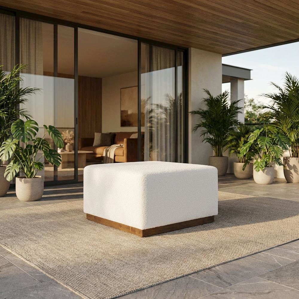 Square Boucle Upholstered Ottoman With Cushioned Top For Outdoor Lounge. Picture 2