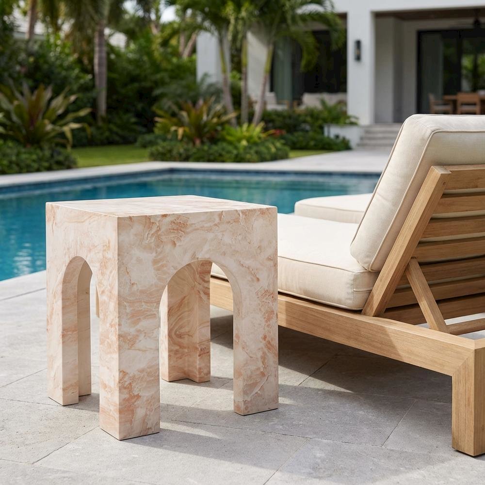 Outdoor patio arched concrete side table, sturdy design, for various spaces. Picture 3