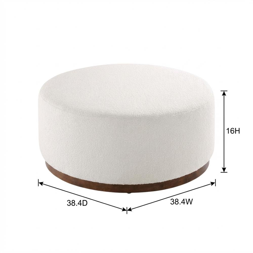 Round boucle upholstered outdoor ottoman with cushioned top, modern design. Picture 7