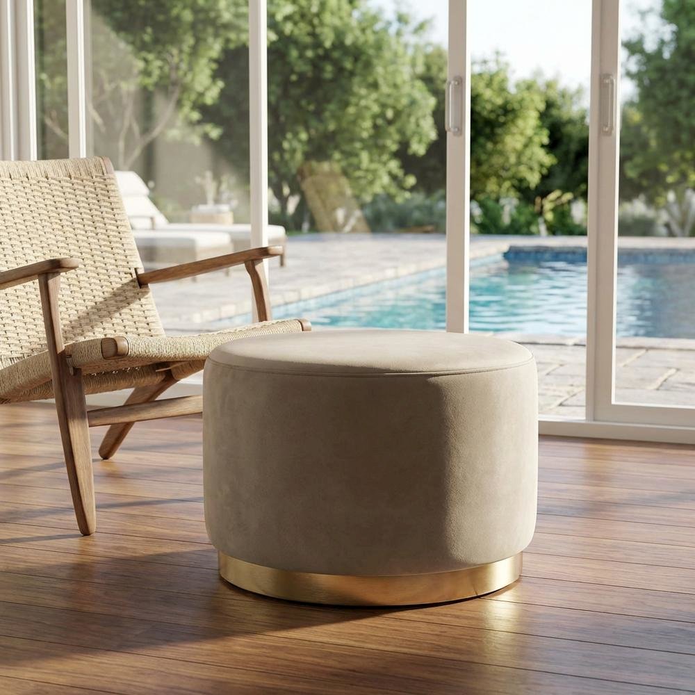 Performance Velvet Outdoor Ottoman In Neutral Color, Plush Upholstery, Sturdy. Picture 3