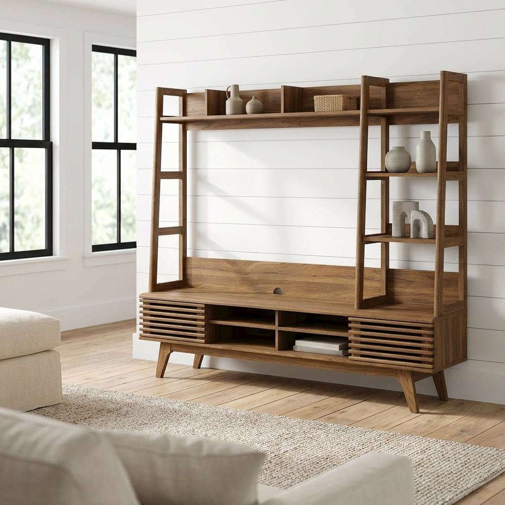 Brown Wood TV Stand Entertainment Center with Spacious Surface. Picture 2