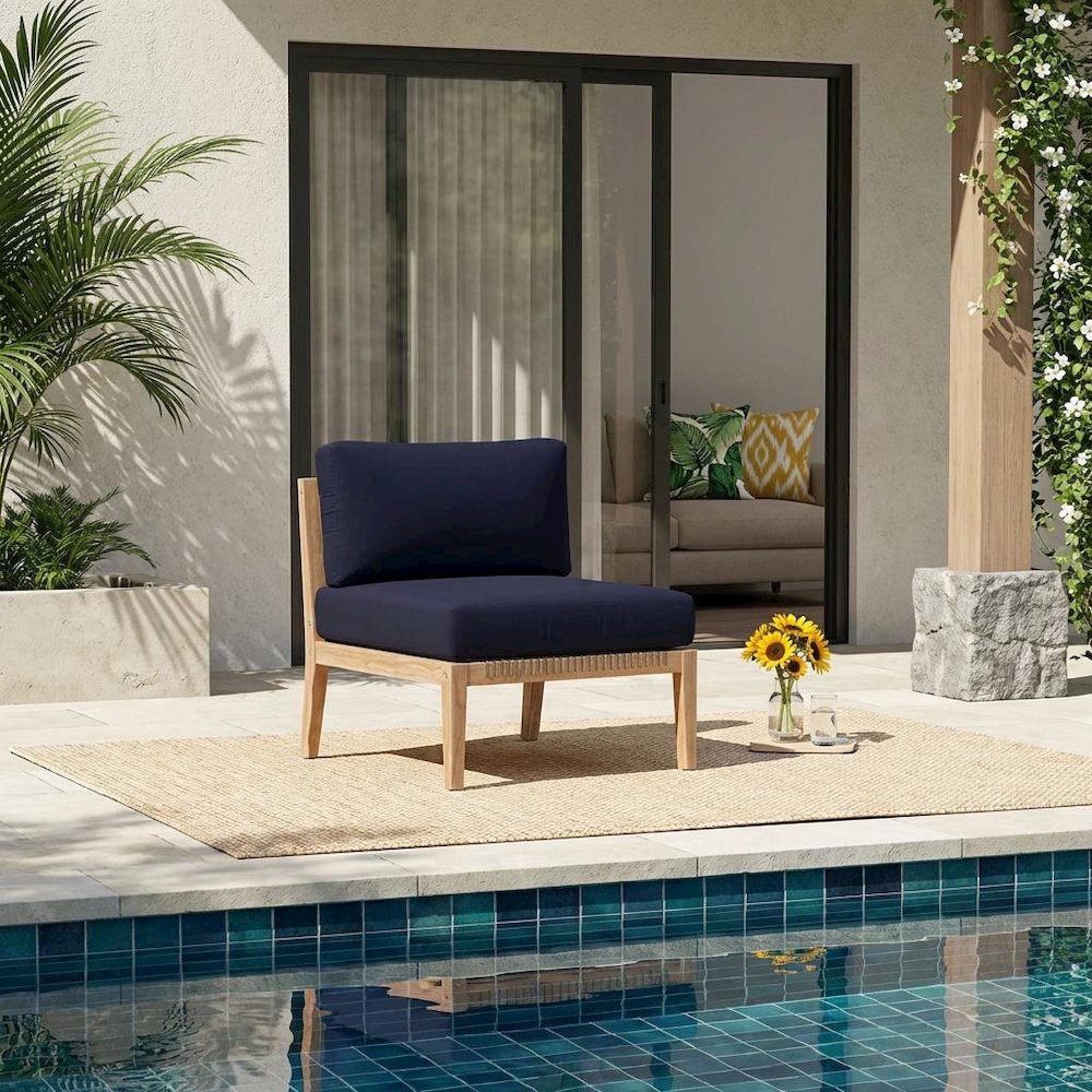 Teak Wood Outdoor Lounge Chair With Cushions And Armless Design. Picture 2