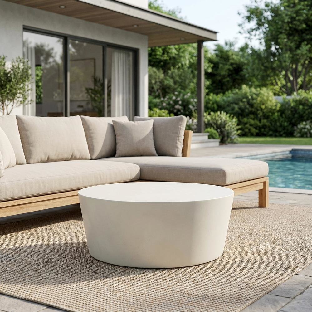 Round Indoor-Outdoor Concrete Coffee Table with Durable Top and Modern Style. Picture 3