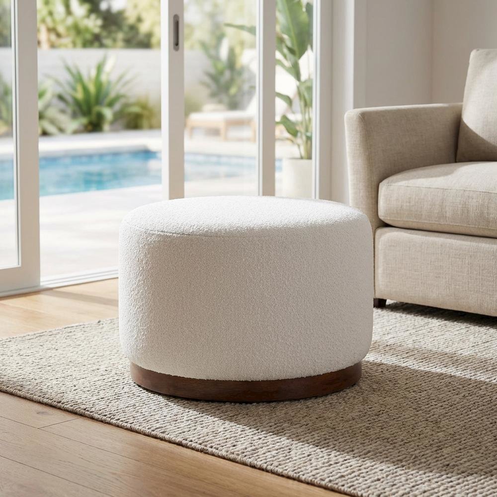 Round Boucle Upholstered Ottoman For Outdoor Lounge And Seating. Picture 3
