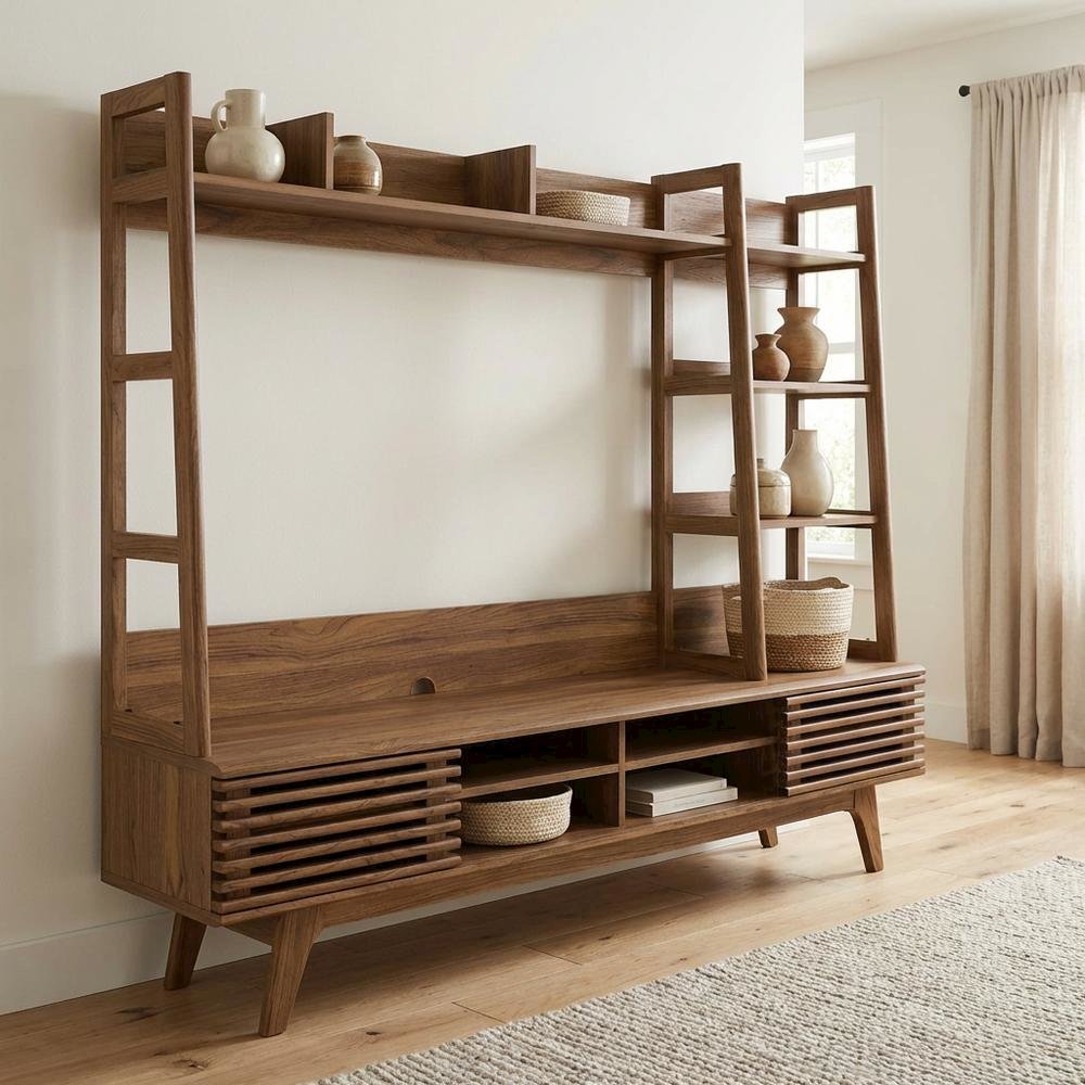 Brown Wood TV Stand Entertainment Center with Spacious Surface. Picture 3