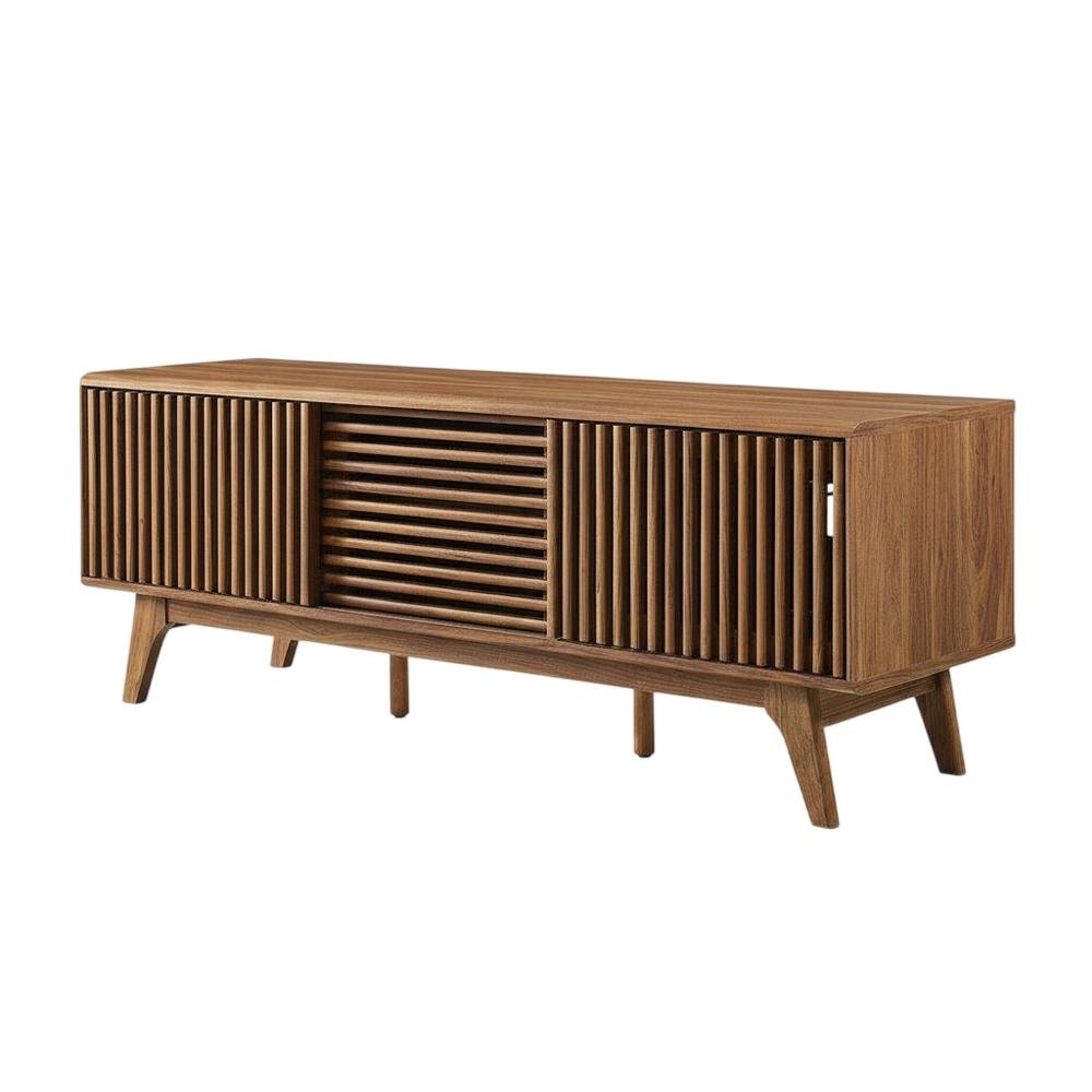Brown wood TV stand with sleek design and versatile storage solution. Picture 1