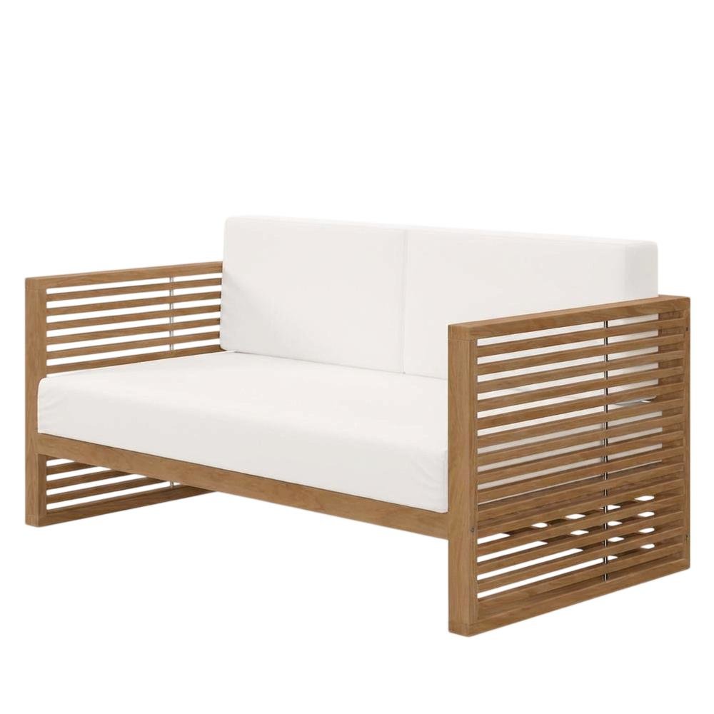 Teak Wood Outdoor Loveseat with Cushioned Seating and Sturdy Armrests. Picture 1
