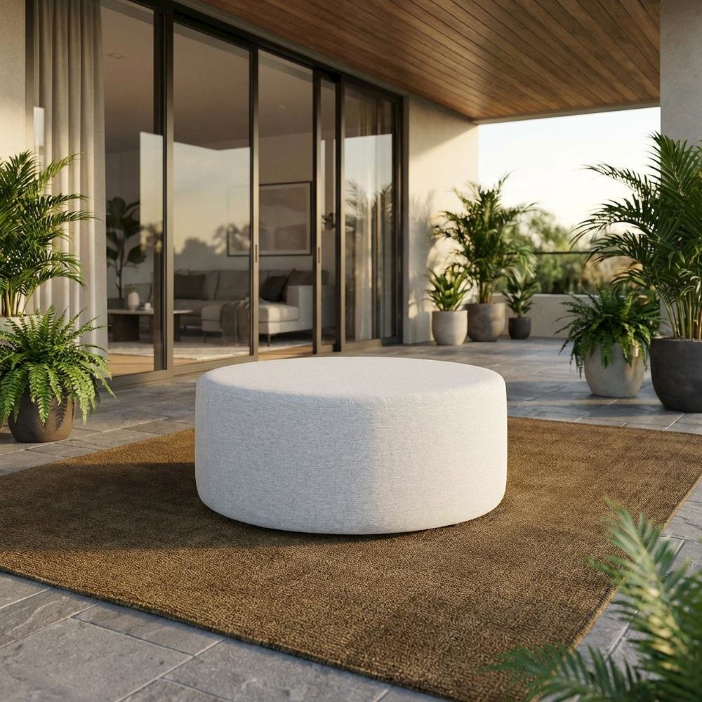 Woven Heathered Fabric Outdoor Ottoman In Neutral Tone For Patio Comfort. Picture 2
