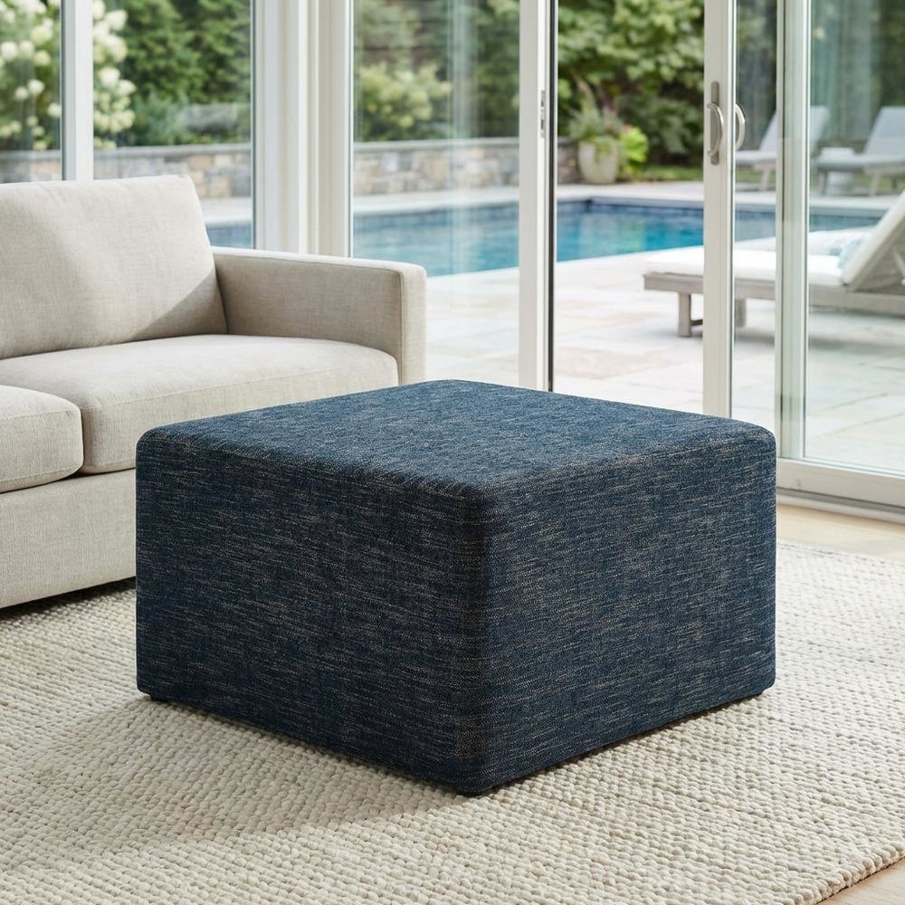 Square Woven Heathered Fabric Ottoman with Cushioned Top for Outdoor Lounge. Picture 3