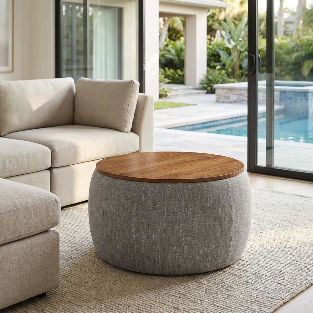 Woven Heathered Fabric Upholstered Storage Ottoman, Soft Cushion Seat, Durable. Picture 3