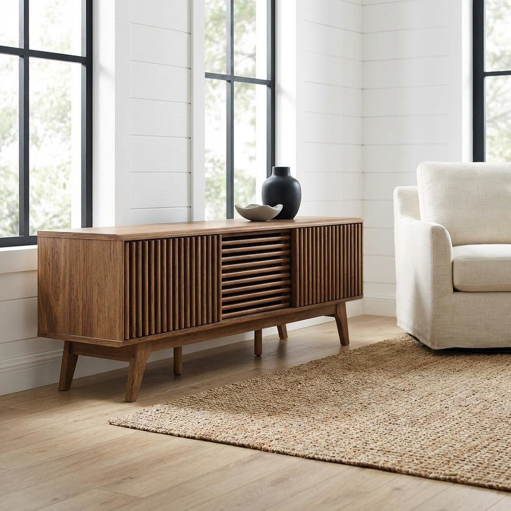 Brown wood TV stand with sleek design and versatile storage solution. Picture 2