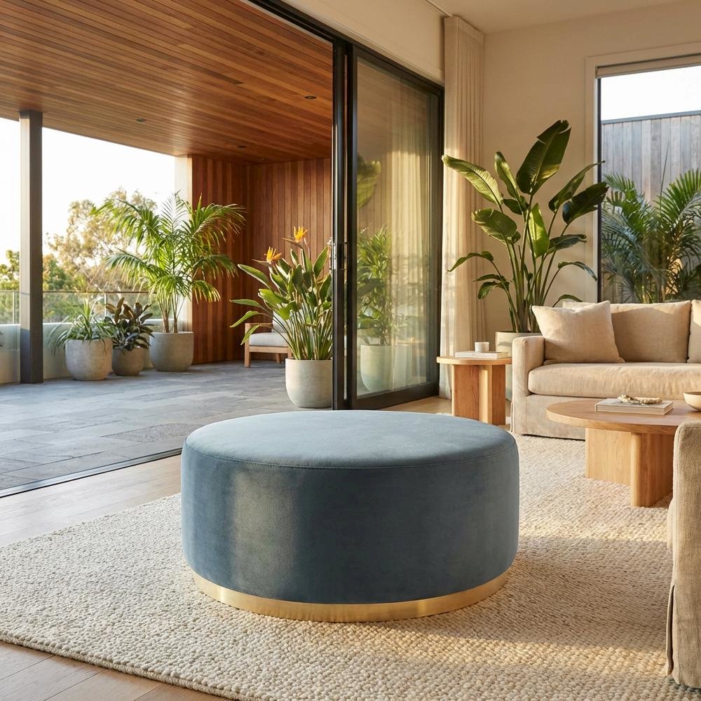 Round Velvet Outdoor Ottoman With Upholstered Top For Lounge Area. Picture 2