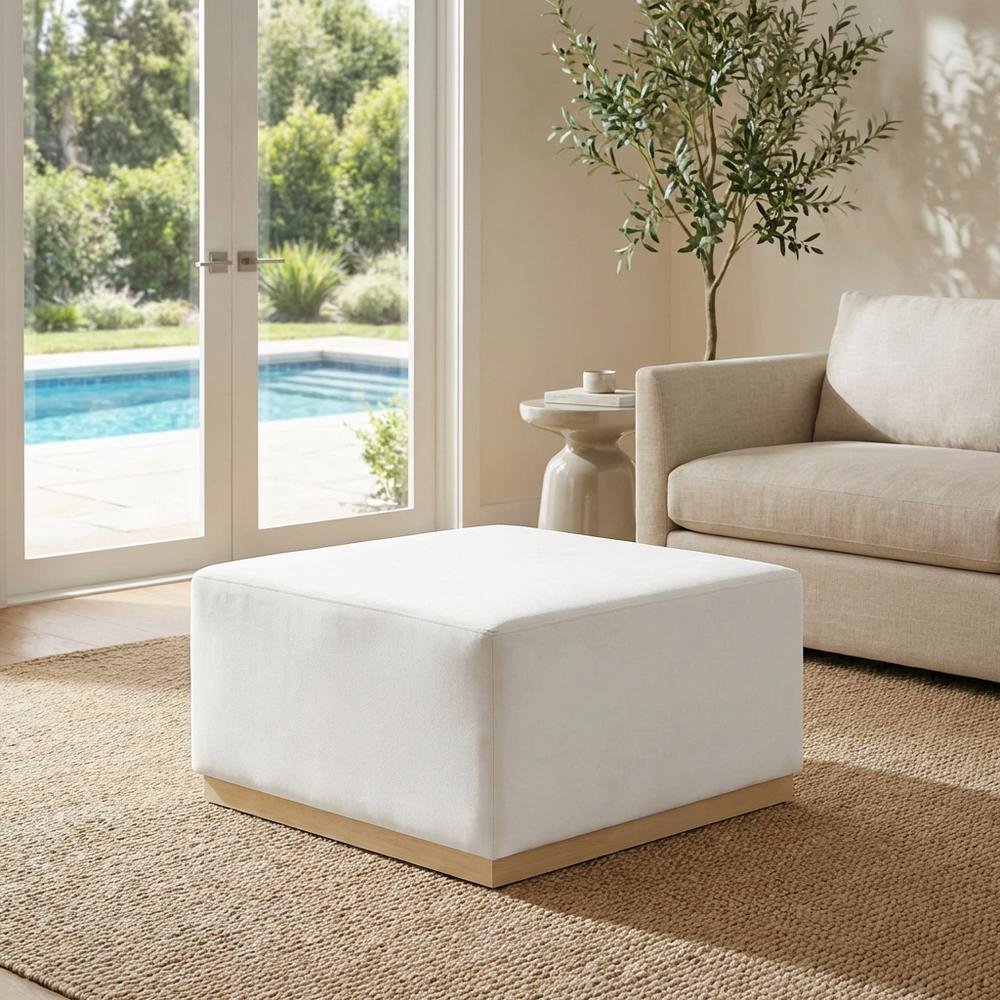 Square Performance Velvet Ottoman in Neutral Fabric for Outdoor Lounge. Picture 3