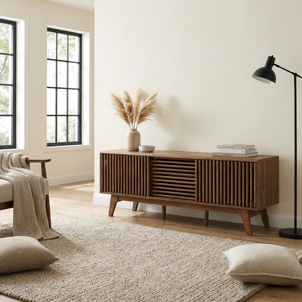 Brown wood TV stand with sleek design and versatile storage solution. Picture 3