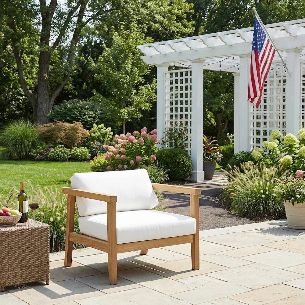 Outdoor Patio Teak Armchair With Cushioned Seating And Comfortable Back Support. Picture 3