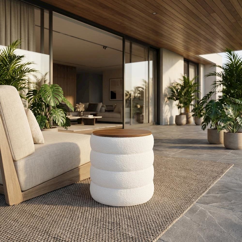Round Boucle Fabric Outdoor Ottoman With Storage And Cushioned Top. Picture 2
