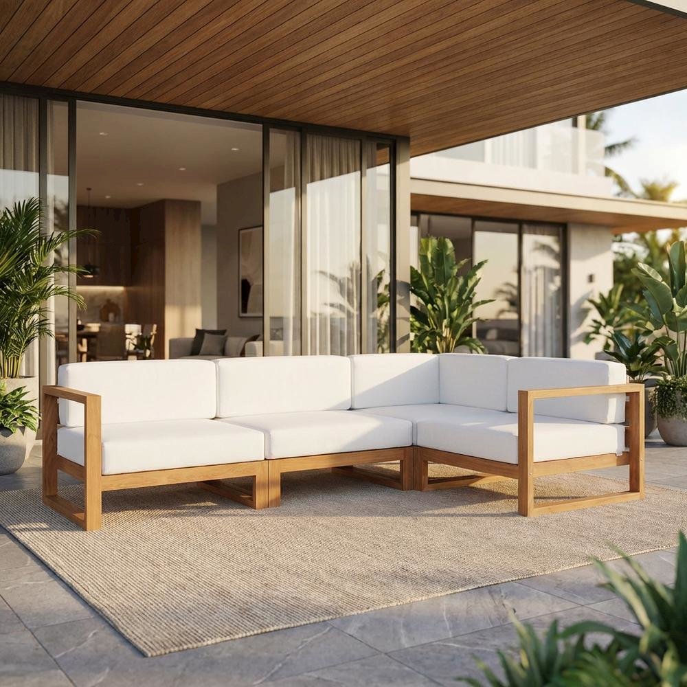 Outdoor Teak Wood Sectional Sofa Set with Cushioned Seating for Patio Lounge. Picture 2