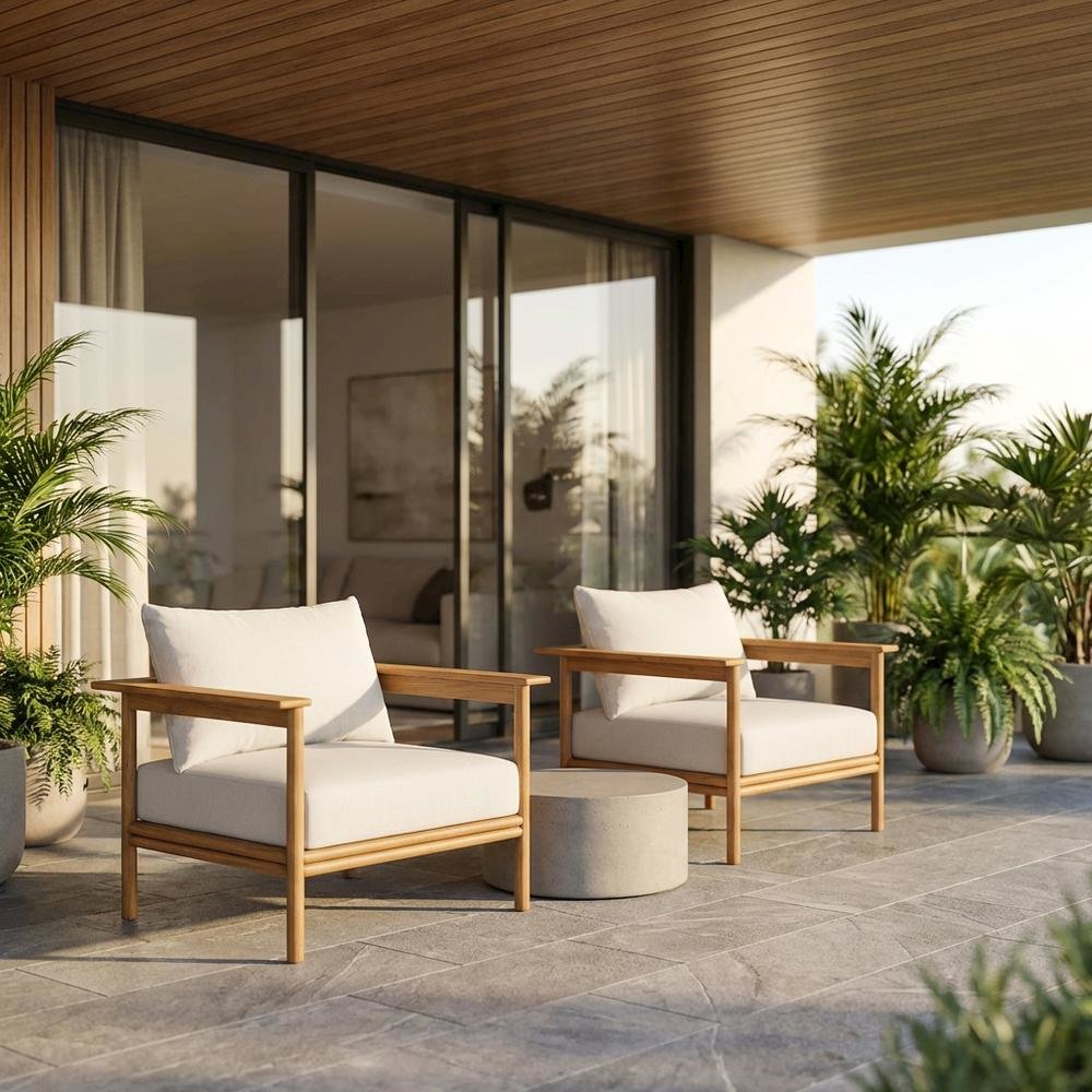 Set of 2 Outdoor Teak Wood Armchairs for Patio Lounge Comfort. Picture 2