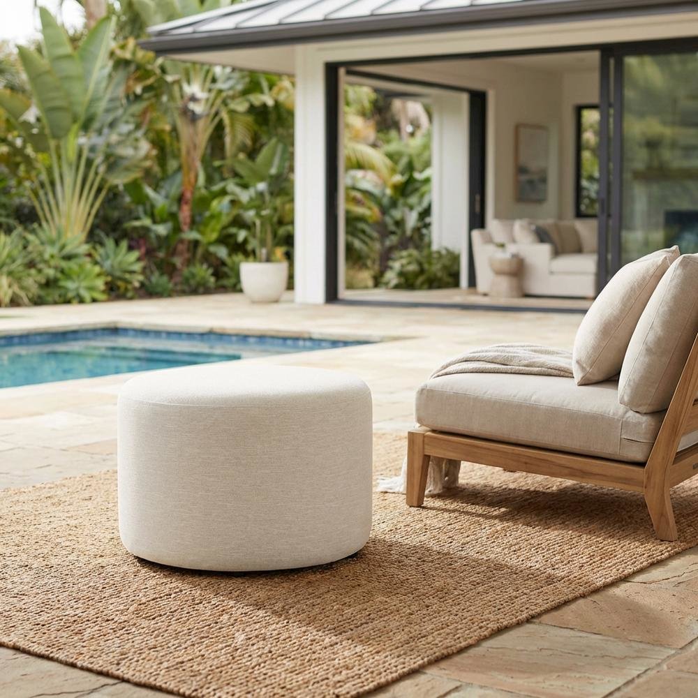 Woven Heathered Fabric Outdoor Ottoman with Cushioned Top in Neutral Tone. Picture 3