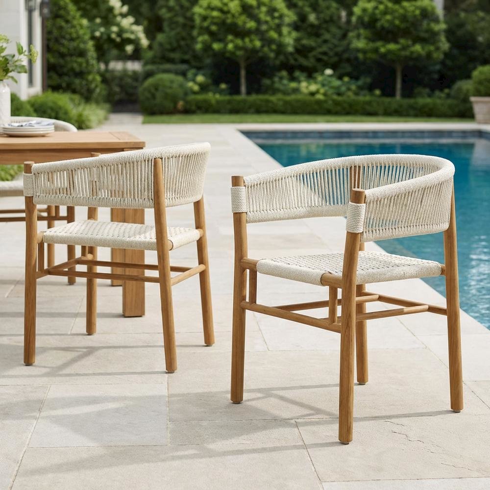 Outdoor Patio Teak, Curved-Back Dining Armchairs Set Of 2, Armrests, Stackable. Picture 3