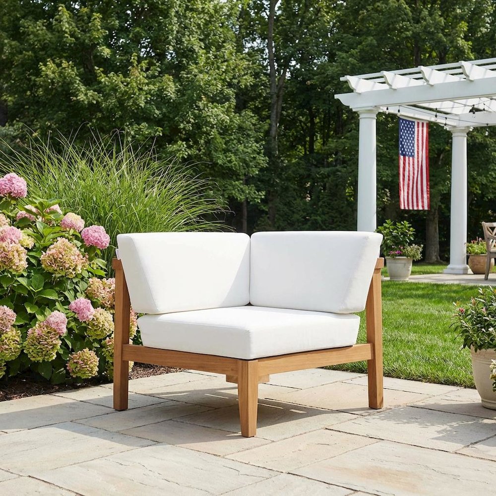 Outdoor Patio Teak Wood Corner Chair With Comfortable Backrest. Picture 3