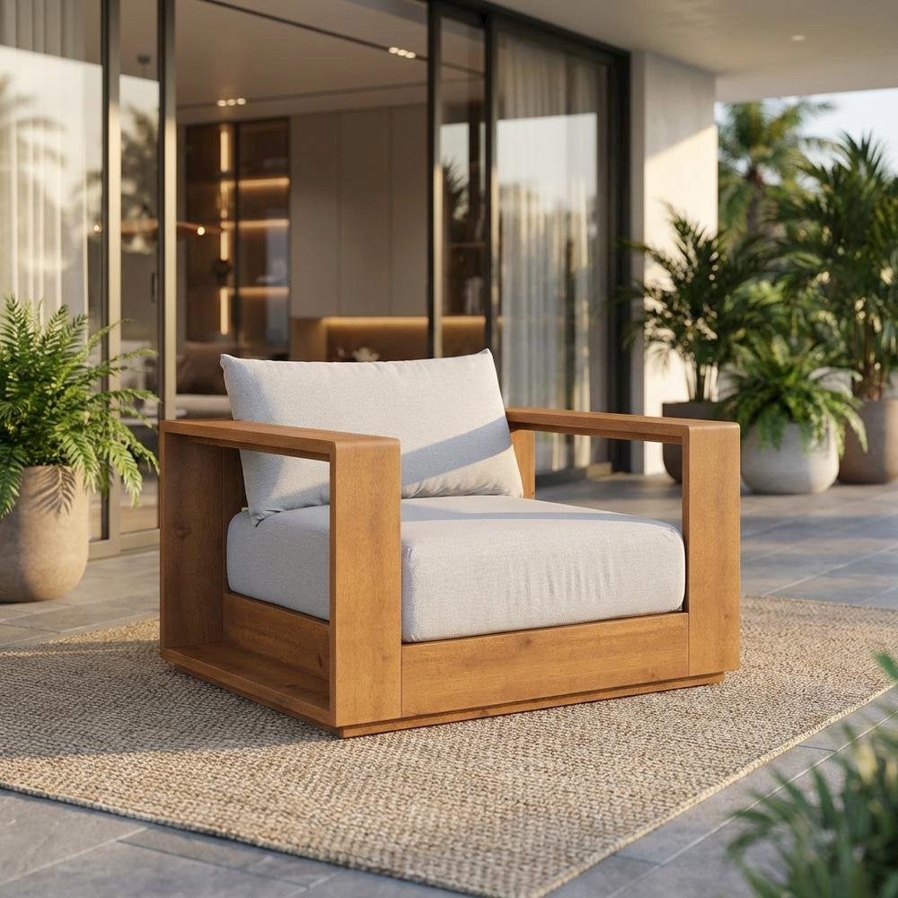 Outdoor Patio Acacia Wood Chair With Armrests And Comfortable Backrest. Picture 2